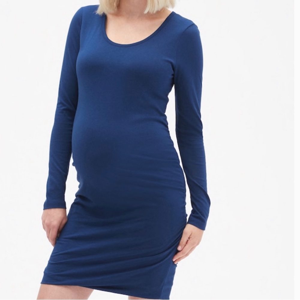 Gap Cobalt Blue Sz XL Maternity Shirred Long Sleeve Knit Midi Dress Casual